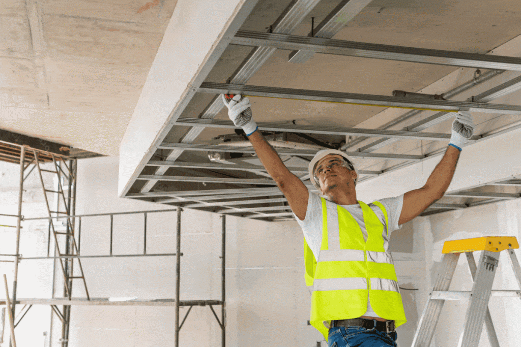 Prefabricated drywall right angle corner piece appearing in orange on an unfinished bulkhead in an apartment building with a construction worker measuring the ceiling